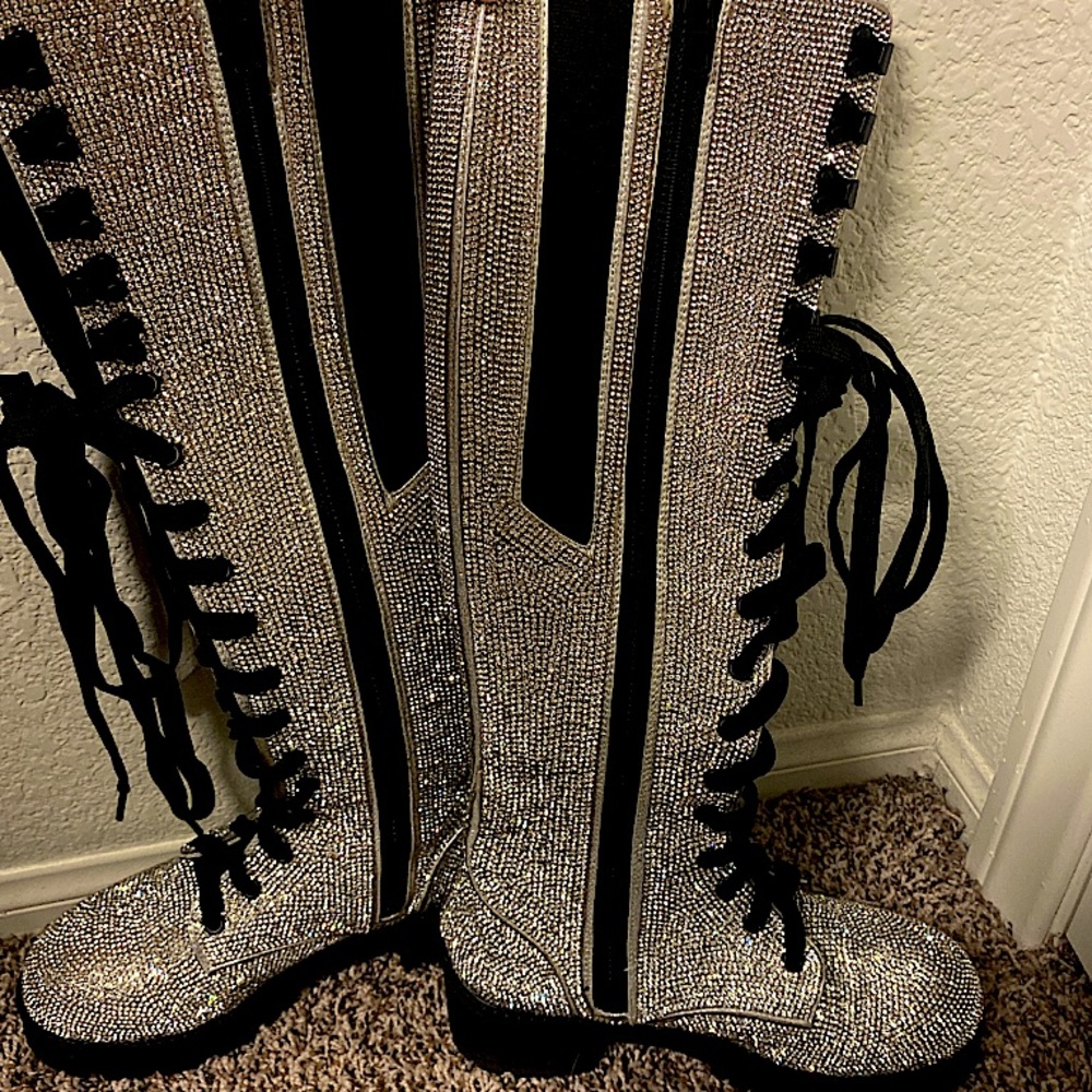 Rhinestones Dolls Kill Club Exx Bling Combat Boots - Picture 5 of 5